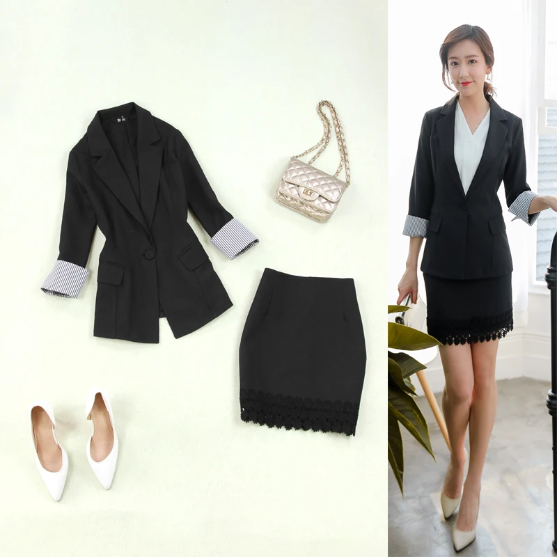 

Women's suits female spring 2019summer new large size black seven-point sleeves suit bag hip skirt two-piece temperament fashion