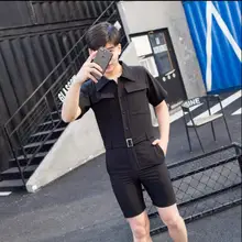 S-6XL корейской версии мужская пара Тонкий комбинезон сиамские брюки; рубашка с короткими рукавами комбинезон Повседневная одежда брюки костюмы