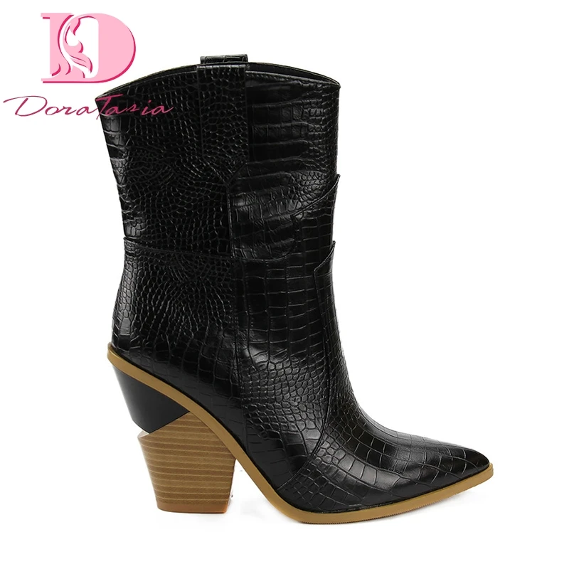 

Doratasia 2019 black Ins style big size 46 high heels Retro short boots slip on woman shoes western boots women's Shoes