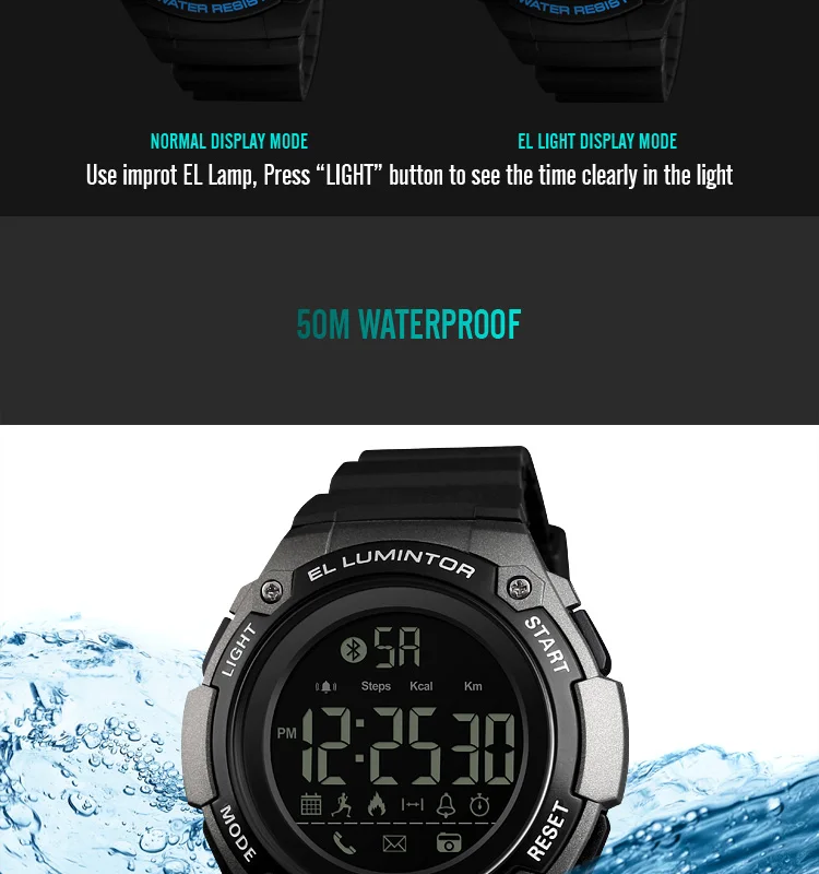 SKMEI 1347 Bluetooth Смарт цифровые часы мужские 50 м водонепроницаемые спортивные часы спящий монитор Подсветка трекер калорий мужские часы