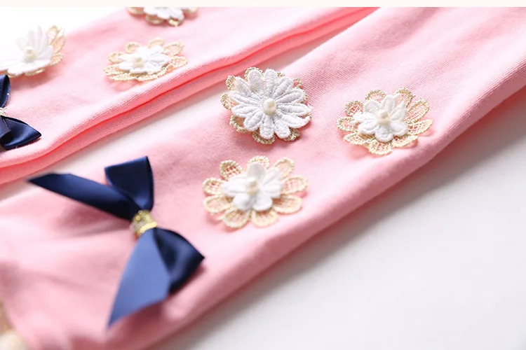 2018 Summer Kids Children Cotton Pink Gray Navy Blue Full Length Capri With Bow Flower Foral Lace Baby Girl Leggings Children (28)