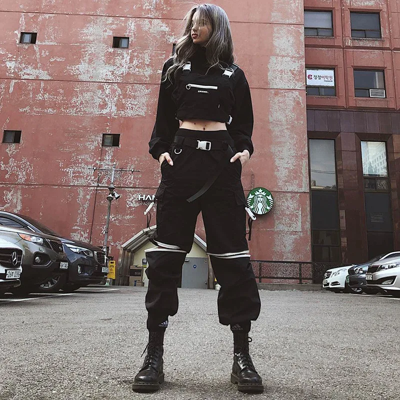 

NCLAGEN Street Fashion Zipper Up Cut Hollow Out Cool Ladies Sweat Pants 2019 Autumn High Waist Hip Hop Loose Casual Trousers