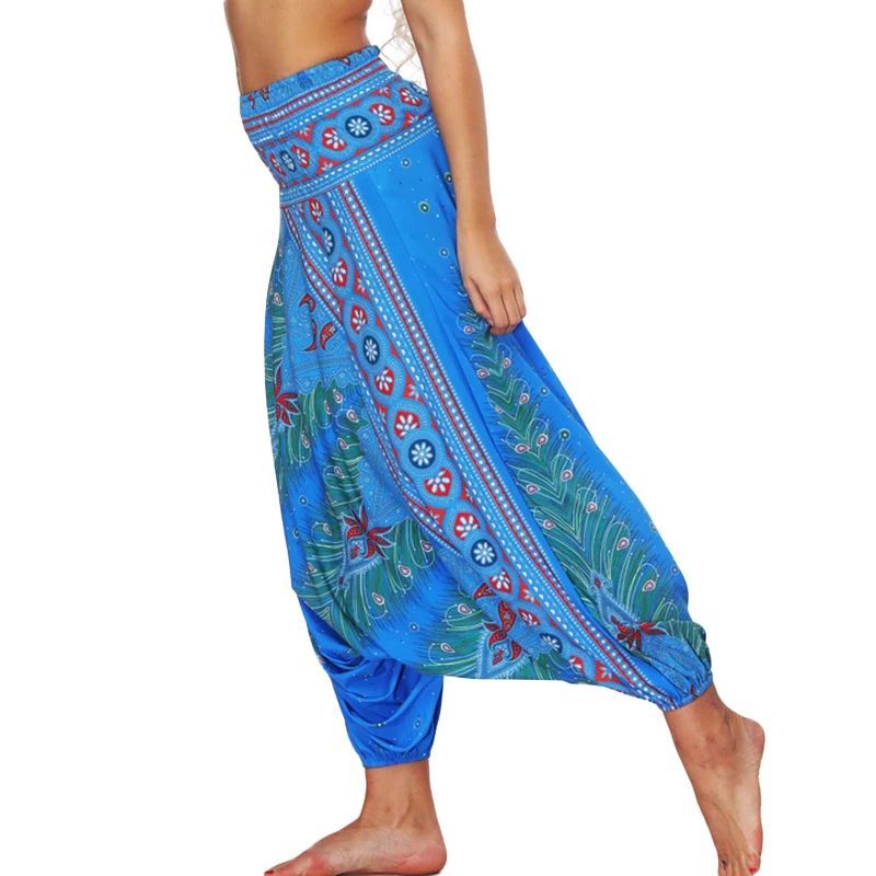 One Size Women Thai Indian Harem Trousers Comfy Boho Pants Long Beach Summer Pants Casual Loose Low Cut Floral Trousers