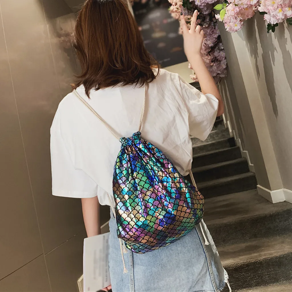 

Women Fish-Scale Pattern Shoulder Bag Shiny Drawstring Bag Girls School Backpack Fashion Messenger Bag #L