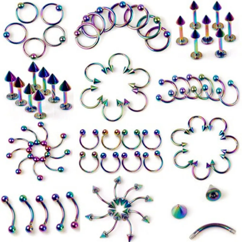 

5pcs Rainbow Titanium Stainless Steel Piercing Body Jewelry hoop Belly Tongue Ring Lip Bar Eyebrow Barbell Rings Stud Wholesale