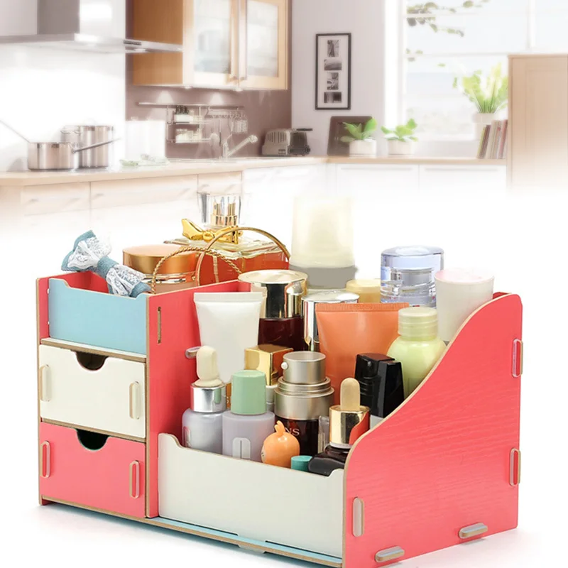

Makeup Organizer 2 Drawers Cards Practical Wooden Cosmetic Storage Box Creative Storage Cabinets DIY Cosmetic Organizer
