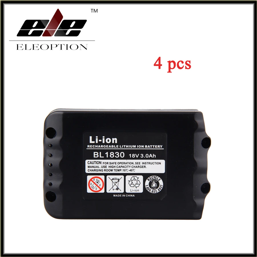

4 pcs High Quality Eleoption Brand New 3000mAh 18 VOLT Li-Ion Power Tool Battery for Makita BL1830 Bl1815 194230-4 LXT400