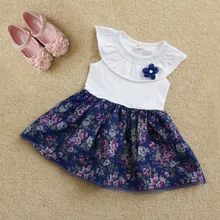 Floral Printed Mesh Girls Dress 2016 New Style Summer Kids Dresses 100% Cotton Princess Vestidos Pink & Blue Girls Dresses