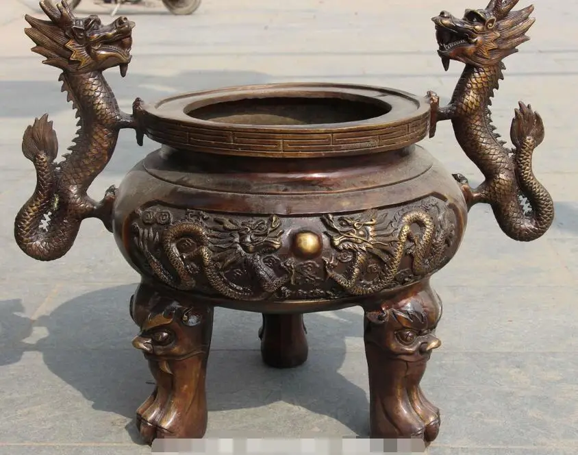 

26" Chinese Bronze Dragon Lion Three Foot Ding Incense Burners Censer Statue