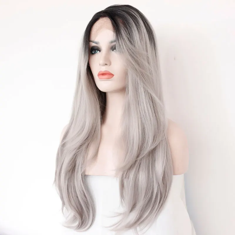 

Bombshell Dark Roots Ombre Silver Grey Natural Straight Synthetic Lace Front Wig Glueless Heat Resistant Fiber Hair For Women