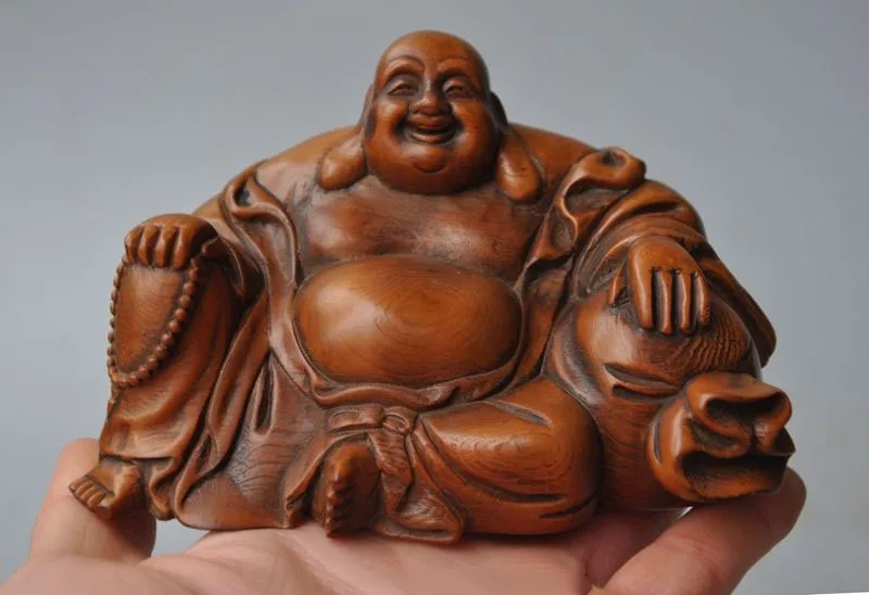 Boxwood Wood Carving Maitreya Buddha Hand-Carved Handmade Sculpture Collection