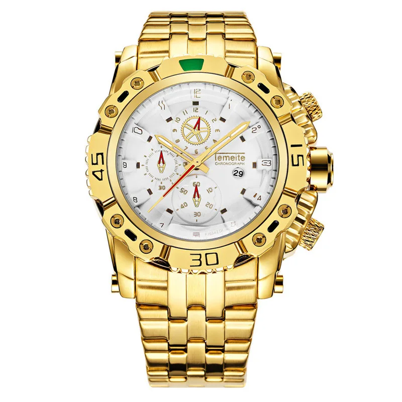 TEMEITE золотые часы для мужчин календарь нержавеющая сталь кварцевые наручные часы Мужская мода большие часы лучший бренд роскошные часы - Цвет: 4