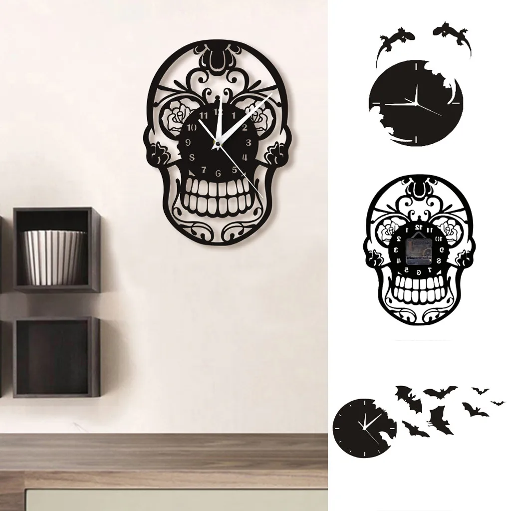 

New Arrival 3D Creative Bat Mirror Wall Sticker Acrylic Self-adhesive Wall Clock Living Room Home Halloween Black Skull Decor