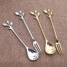 1pc Stainless Steel Leaf Fruit Fork Coffee Spoon Party Supplies salad Snacks Cake Dessert Lovely tableware #25