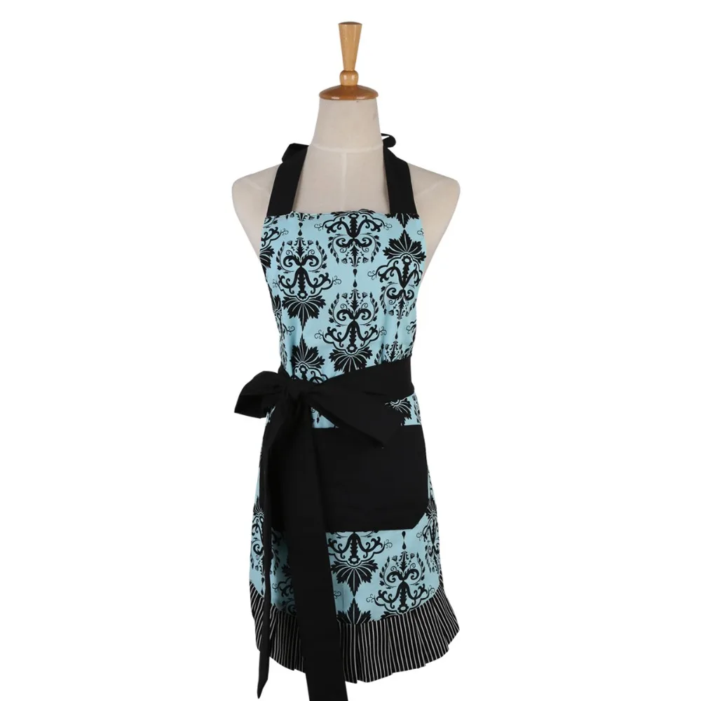 New Women Restaurant Home Kitchen apron Flower And Leaves Printed Pocket Lace Cooking Cotton Apron High Quality Pleated Apron