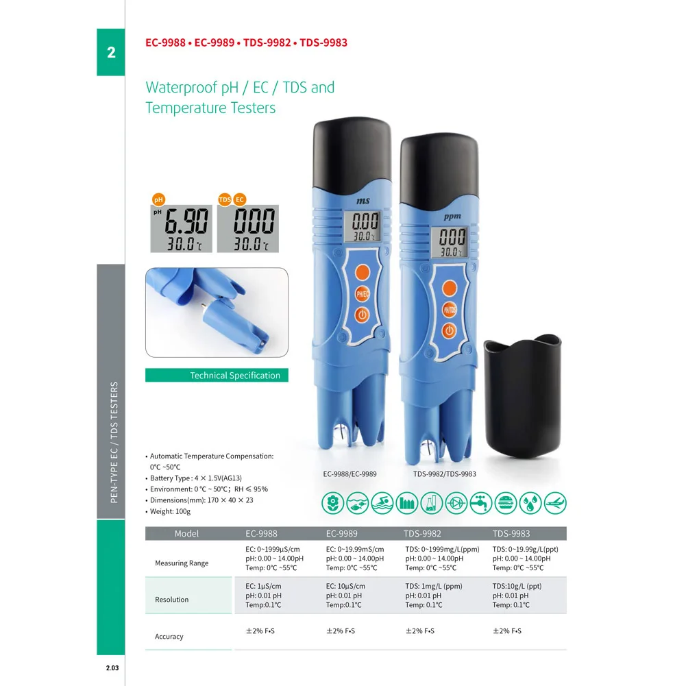

Water Quality Test Meter TDS PH 2 in 1 Set Measurement Range 1 PPM Resolution 2% Readout Accuracy ALI88
