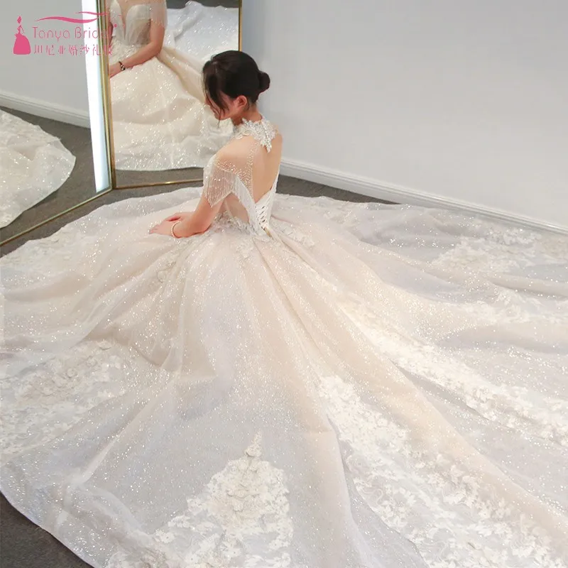 2019 роскошное блестящее свадебное платье с короткими рукавами, кружевные расшитые бисером Свадебные платья с высоким горлом