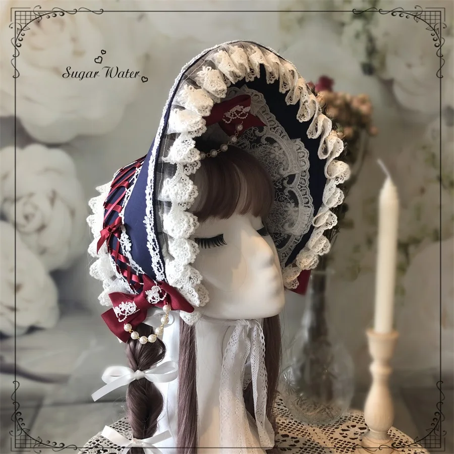 

Handmade Japanese Vintage Princess Sweet Lolita Navy Cross Bow Lace Trim Bonnet Headwear Top Hat Sun Hat Women's Victorian Bnt