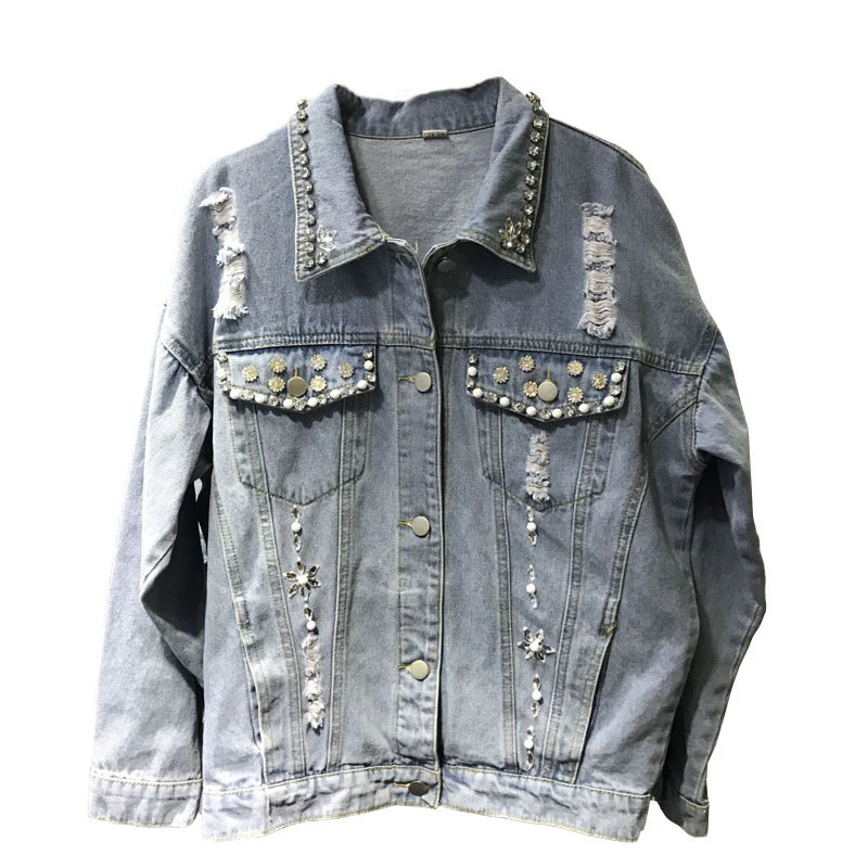 

Handmade Crystale Studded Coat Vintage Long Sleeve Loose Female Denim Jacket Hole Autumn Women Basic Coats Casual Girls Outwear
