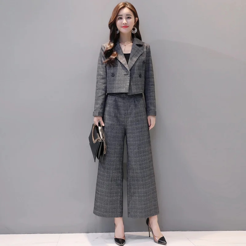 

YASUGUOJI 2019 new Office Lady fashion plaid two piece sets Double Breasted short blazer and wide leg Pant Suits women L063