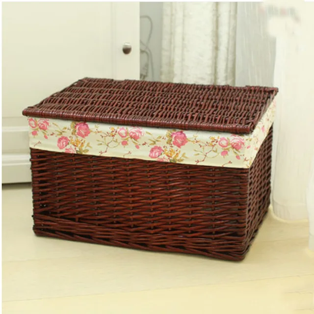 XXL cesta de almacenamiento de mimbre tejida a mano con tapa cesta de
