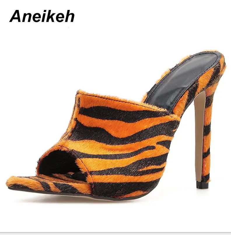 Aneikeh/Новинка года; сандалии с рисунком зебры; женские шлепанцы на высоком тонком каблуке с открытым носком; прозрачные Босоножки на каблуке; туфли-лодочки - Цвет: Leopard Print