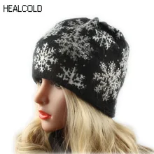 HEALCOLD Winter Thick Knitted Rabbit Fur Hats For Women Jacquard Snowflake Ski cap Skullies Diamond Beanies