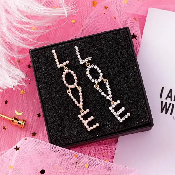 Latest Long Links Love Letter Alphabet Rhinestone Pearl Jewelry Earrings For Wedding