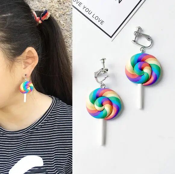 

2018 New Fashion Rainbow Swirl Lollipop Drop Earrings Korean Style Handmade Candy Dangle Earring Woman Girl Jewelry Dropshipping