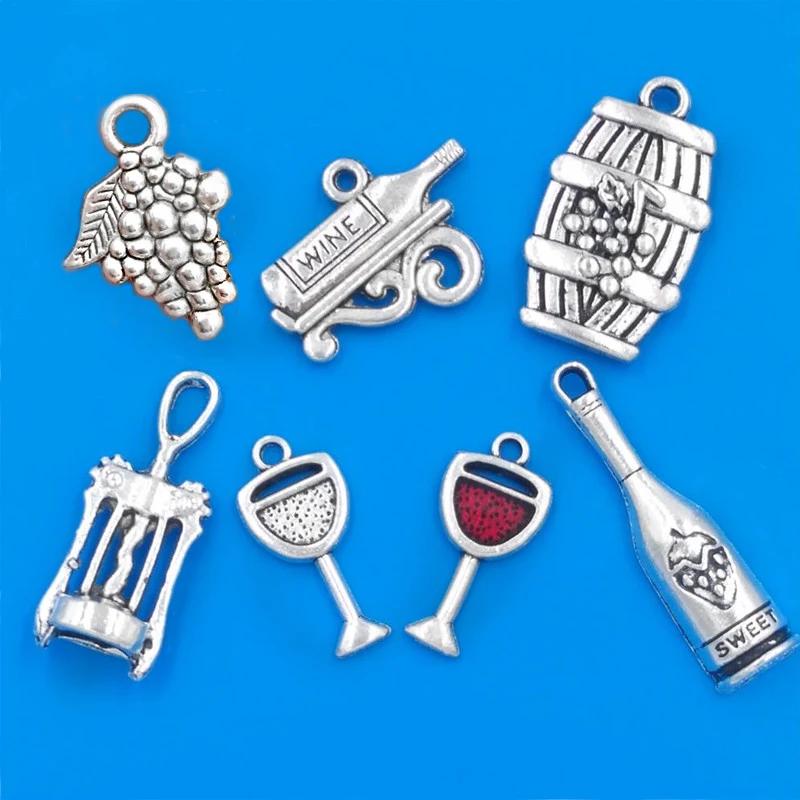30 pcs Antiqued Silver Alloy Charms Mixed Grapes Wine Bottle and Goblet Pendants