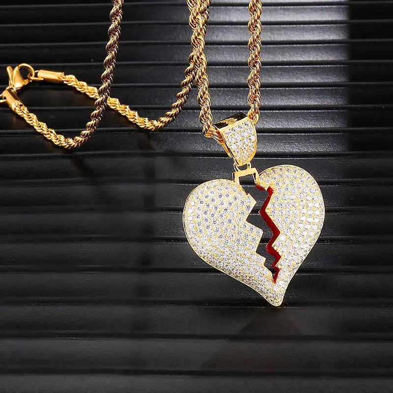 Bling Iced Out кубический циркон подвеска в виде разбитого сердца ожерелье с веревкой