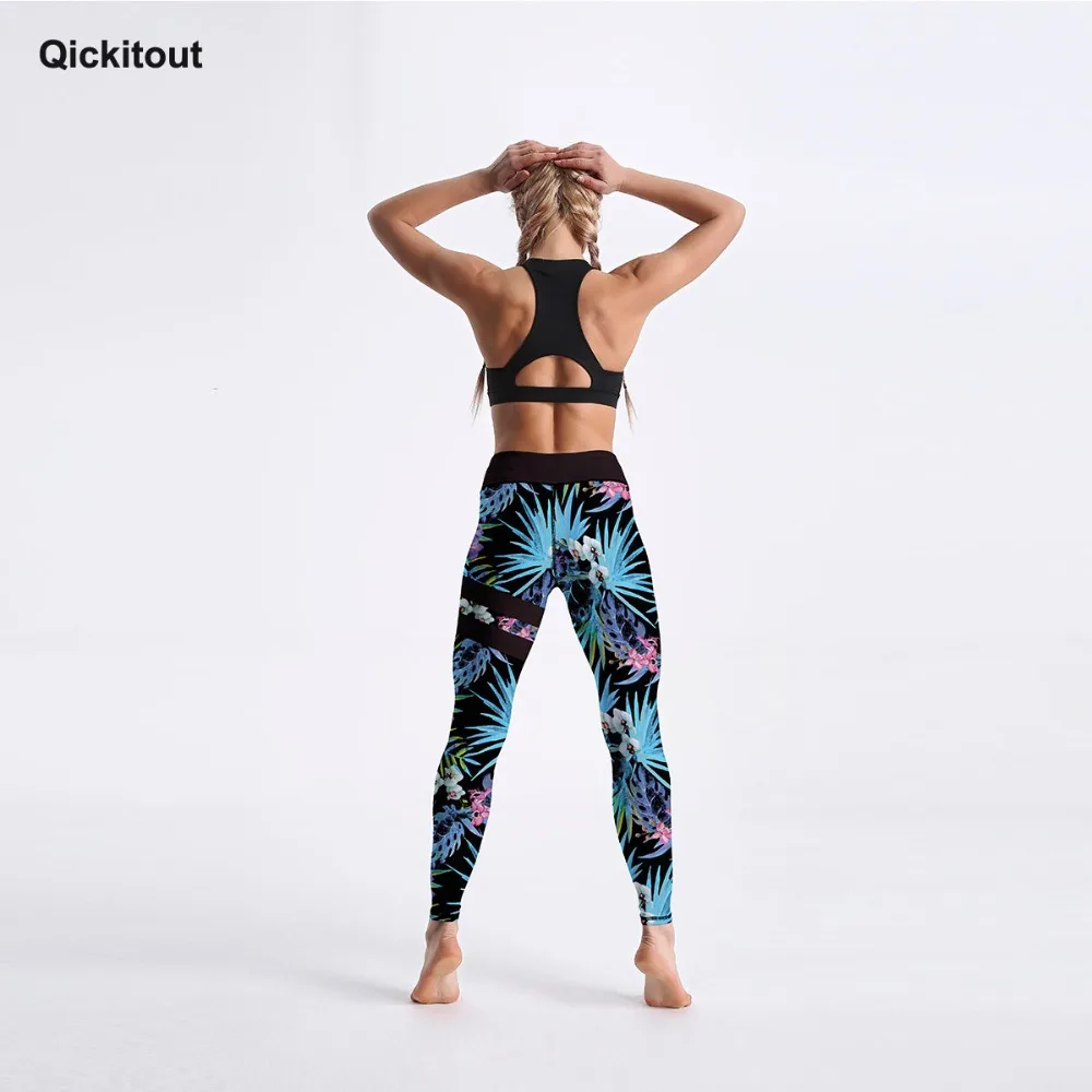 Qickitout Neue Ankunft Motte Orchidee mit Blau Blätter Gedruckt frauen Leggings Lässige Workout Fitness Bottom Patchwork Muster