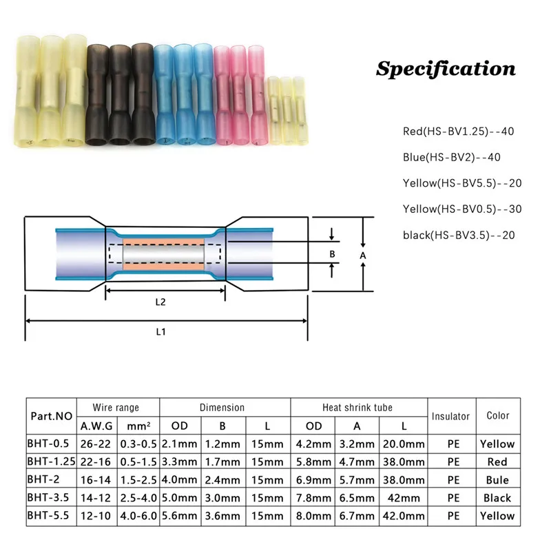 YT 200 шт. водонепроницаемый припой рукав провода разъем+ термоусадочный стыковый разъем 26-10 AWG ОБЖИМНАЯ Изолированная клемма разъем комплект