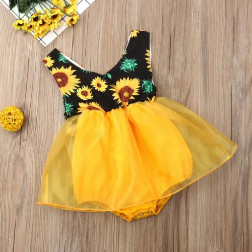 

2019 Newborn Floral Romper Dress Tulle Kid Infant Girl Tutu Dress Sunflower Romper Jumpsuit Sunsuit