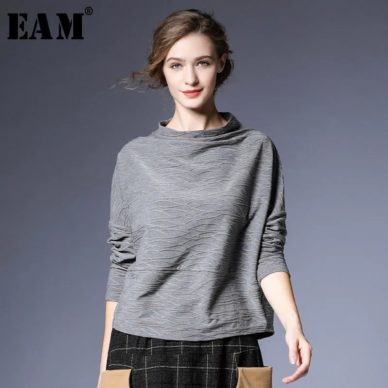 

[EAM] High Quality 2019 Autumn Summer Turtleneck Long Batwing Sleeve Loose Casual Solid Color T-shirt Fashion New Women's LC147