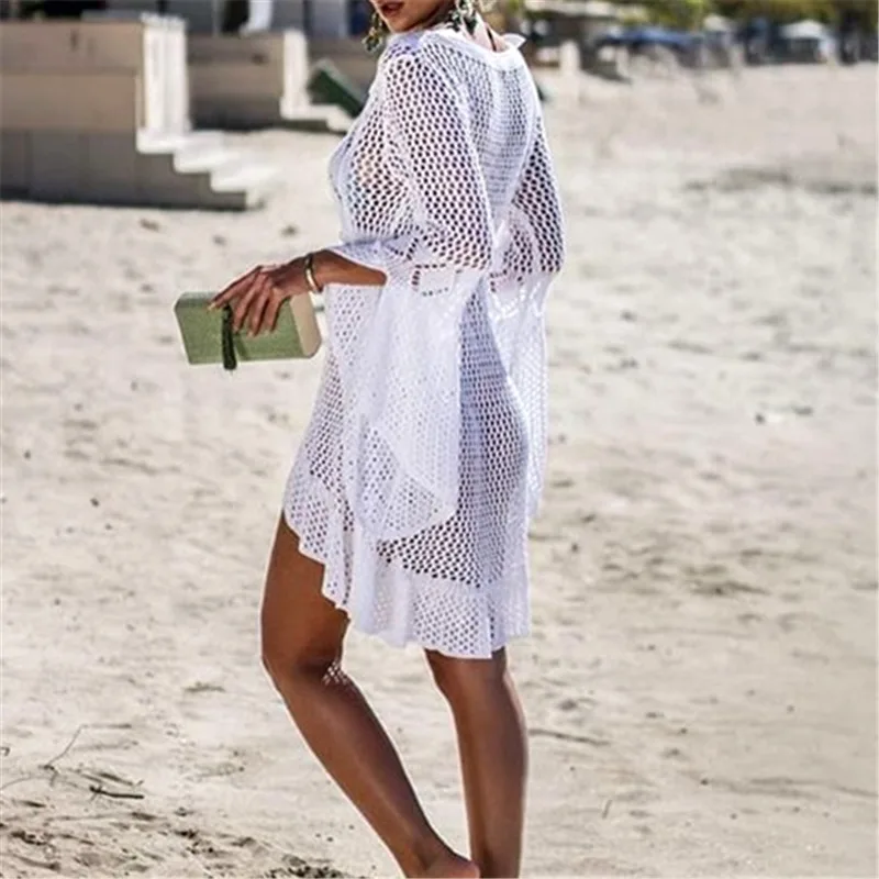 Women's Sexy White Crochet Tunic Cover-Ups