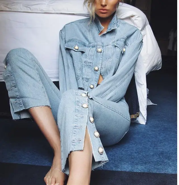 De Perle Coat Split Taille Pantalon 2018 longueur pant Turn down Ensemble Manteau Nouvelle Collier Denim Court Mis Mode Getsringwomen Pièces Sexy Veau Deux Haute tvAwBqxIF