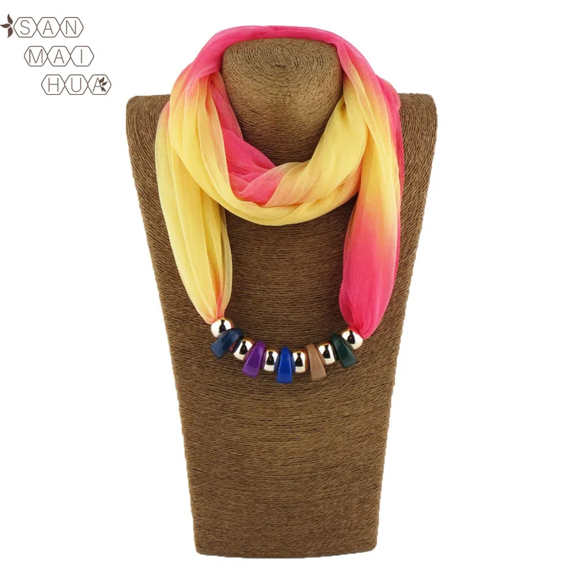 

2019 Spring Silk Blend Gradient Necklace Pendant Ring Scarf Trendy Shawl Wraps Female Muslim foulard Scarves for neckerChief