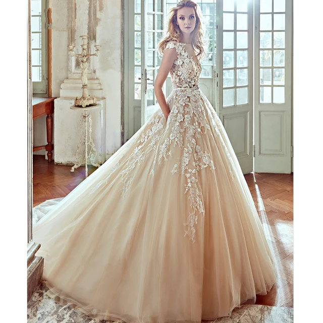 New Designer Cap Sleeve Champagne Liques A Line Princess New Designer Cap Sleeve Champagne Liques A Line Princess Wedding Dress 2017 Luxury On Beaded Sashes