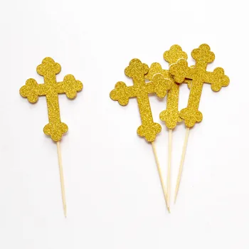 

Cross Cupcake Toppers,Gold glitter Baptism topper, Christening Cupcake Toppers,Baptism Sweet Table,First Communion