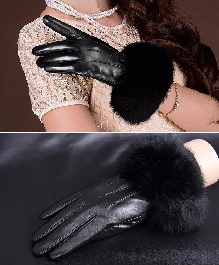 Кожаные женские перчатки из натуральной кожи, Новое поступление, женские кожаные теплые толстые перчатки с натуральным кроличьим мехом, модные варежки на весь палец