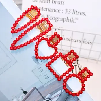 

New Fashion Korea Style Festive Red Pearl Hairpin New Year Love Heart Folder Clip Net Red Hair Styling Accessories Tools