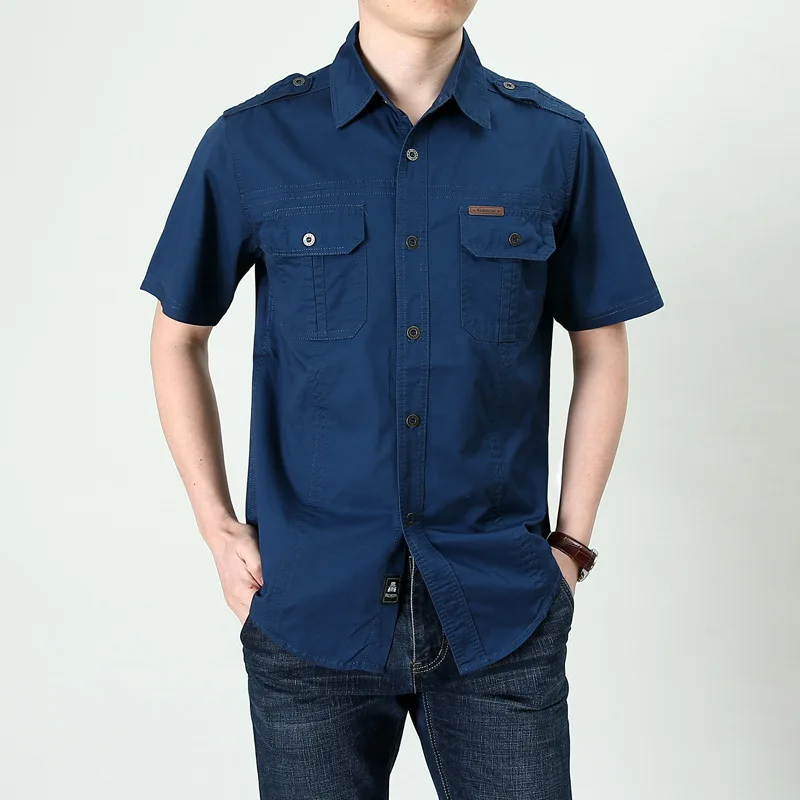 Navy Blue Большой размер 5XL мужская летняя рубашка с коротким рукавом Мужская Уличная походная спортивная рубашка из чистого хлопка дышащая Тактическая Военная рубашка - Цвет: Navy Blue