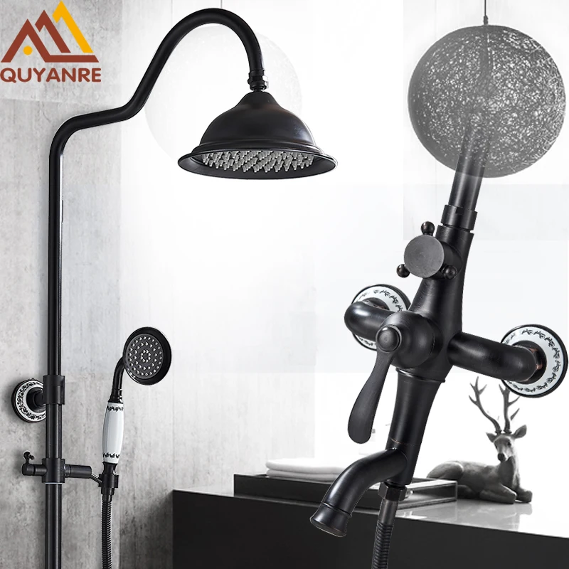 quyanre wanfan bronze black shower faucet set with creamic decoration rainfall shower head with swivel tub spout 3 way mixer tap bathroom shower faucet kit