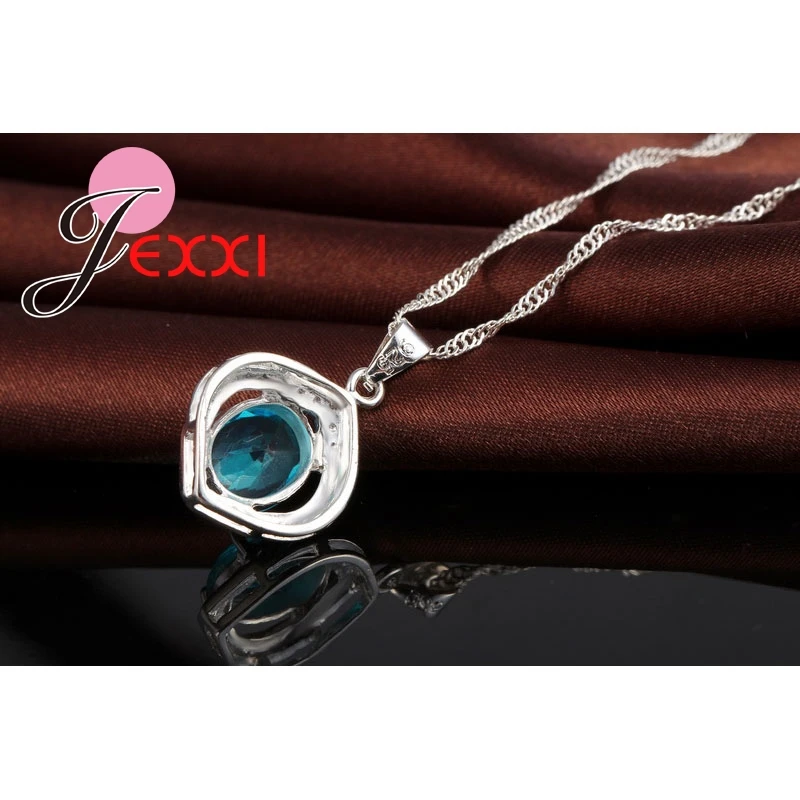 Классическое серебро 925 пробы высшего класса AAA++ CZ Циркон Свадебное Обручальное ожерелье+ серьги-кольца Синие Ювелирные наборы подарки