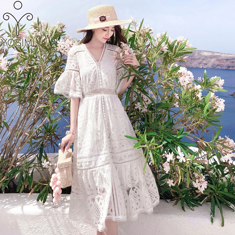 

YOSIMI Mid-calf Long Dress 2019 Summer Women Dress Midi Vintage Lace V-neck Short Sleeve Beige Tunic Slim Party Female Vestido