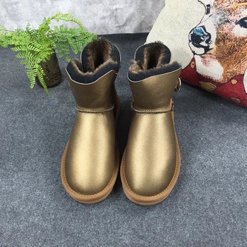 

XDXUGG Hot Sale Shoes Women Boots Solid Slip-On Soft Cute Women Snow Boots Round Toe Flat with Winter Fur One metal Gold Boots