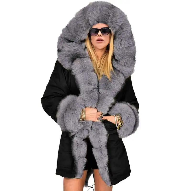 Зимняя женская куртка из искусственного меха, утепленная, теплая, средней длины, женское хлопковое пальто, тонкая, с капюшоном, меховым воротником, парки, повседневная верхняя одежда, PR629 - Цвет: black