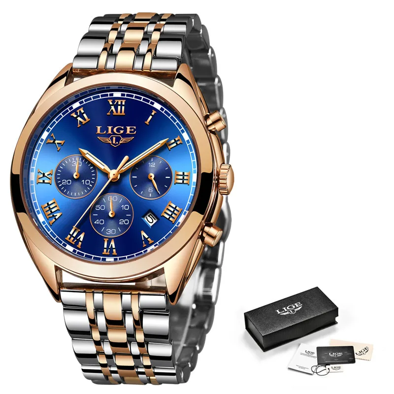 Мужские часы, мужские часы с кожаными римскими цифрами, винтажный стиль, LIGE, кварцевые часы, мужские брендовые водонепроницаемые спортивные часы - Цвет: gold blue steel