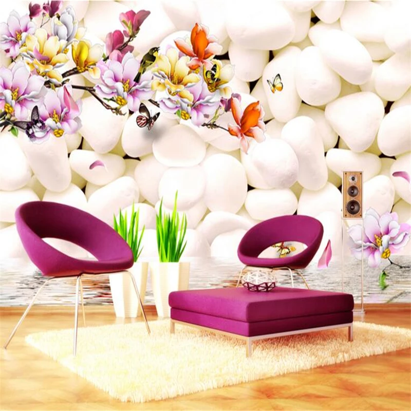 

Beibehang 3D Wallpaper Photo White Pebble Magnolia Flower Color Carved 3D Living Room Bedroom TV murals wallpaper for walls 3 d